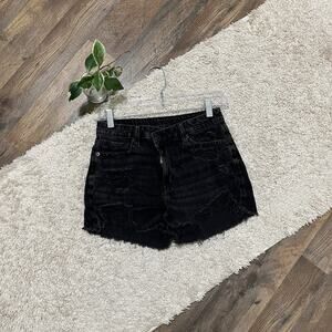 American Eagle Size 0 Washed Black Distressed Crossover High Waisted Mom Shorts